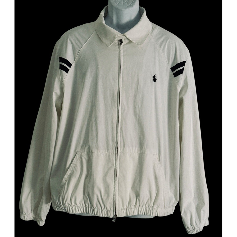 VTG 90s Polo Ralph Lauren Men Jacket XL White Black Stripe Harrington Lined Mesh